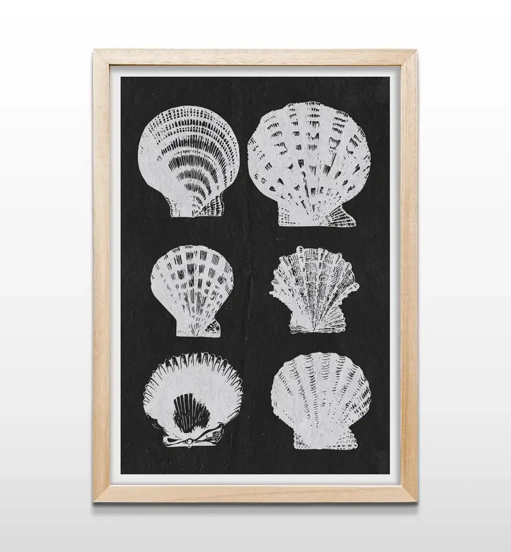 Cuadro de caracoles abstractos con marco de madera natural, decoración de pared minimalista y orgánica para livings modernos y estudios de yoga