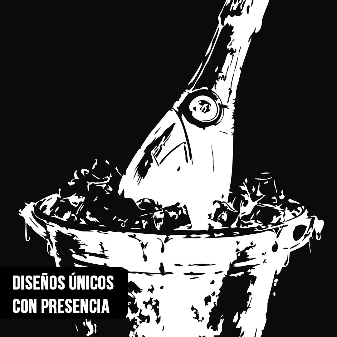 Primer plano de ilustración en blanco y negro en alto contraste de botella de champagne en hielera con hielo