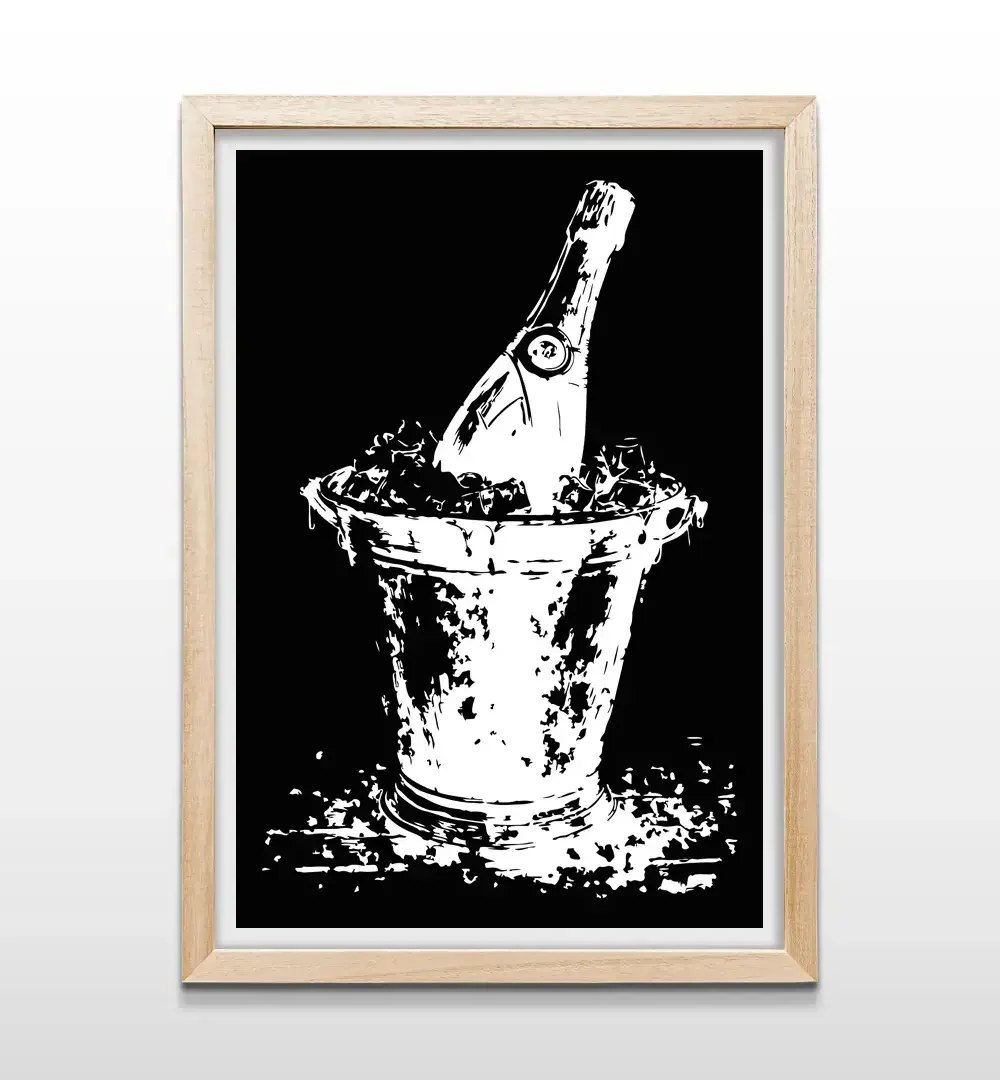 Cuadro de champagne abstracto con marco de madera natural, arte de pared para bares de casa y decoración de eventos