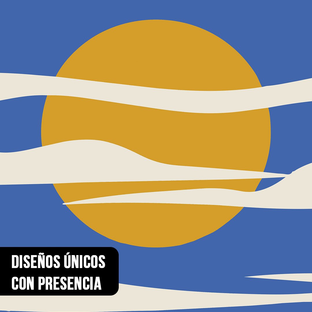 Primer plano de una ilustración geométrica con un gran círculo amarillo y líneas horizontales fluidas de color crema sobre un fondo azul