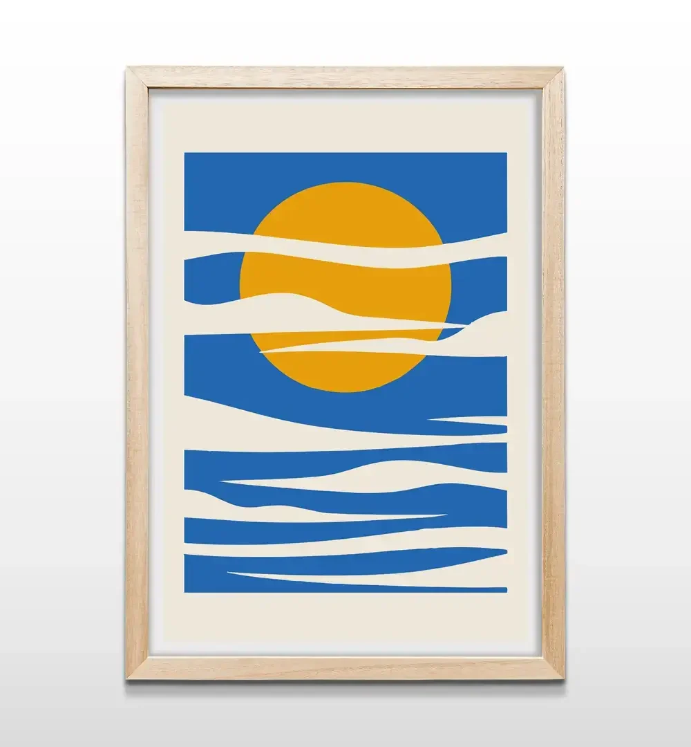 Cuadro de sol y cielo con marco de madera natural, decoración de pared minimalista para dormitorios, estudios y ambientes zen