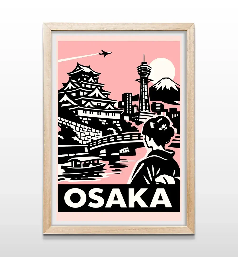 Cuadro de Osaka con marco de madera natural, arte de pared de ciudades japonesas para decoración de salas y estudios modernos