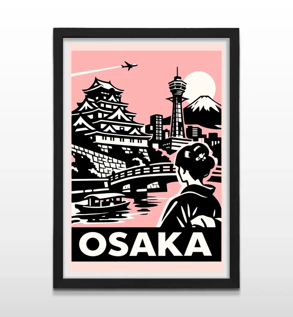 Cuadro moderno de la ciudad de Osaka con marco negro, decoración de estilo urbano japonés y regalo para viajeros