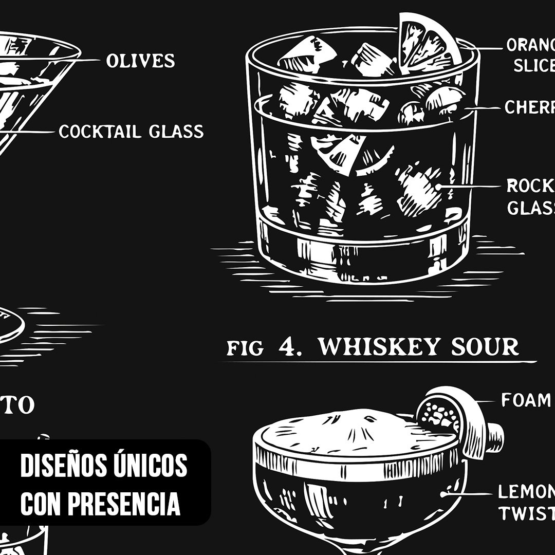 Primer plano de un diagrama técnico de cócteles con líneas blancas sobre fondo negro, mostrando la ilustración de un Whiskey Sour en un vaso de roca con flechas e indicadores tipográficos de sus ingredientes