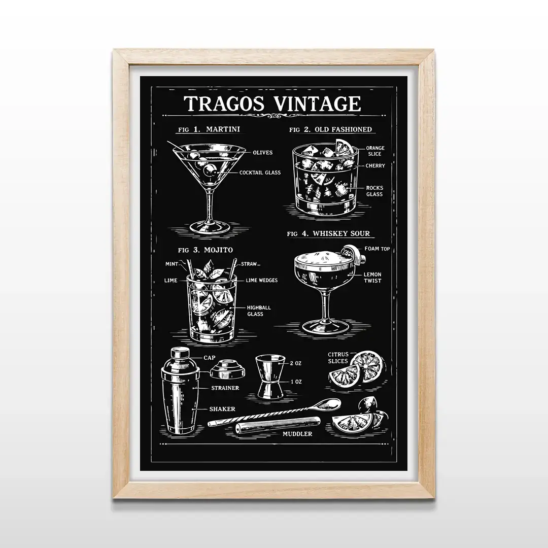 Cuadro de cóctel vintage con marco de madera natural, decoración de pared para barras de cocina, bares hogareños y espacios sociales