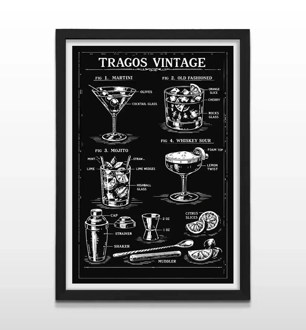 Cuadro moderno de cóctel clásico con marco negro, arte de pared elegante para salas de estar y regalo original para bartenders y aficionados