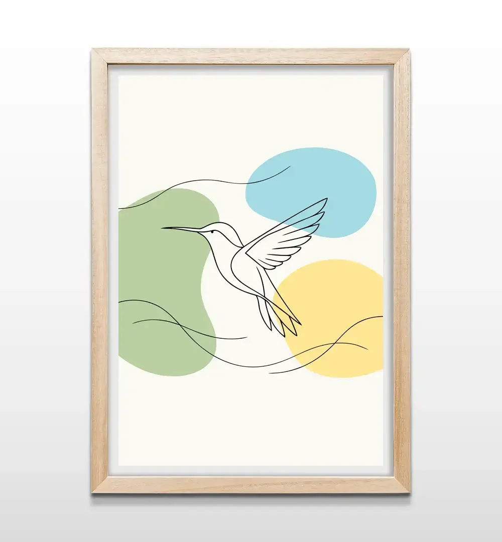 Cuadro de colibrí con marco de madera natural, decoración de pared estilo nórdico para dormitorios y salas de estar