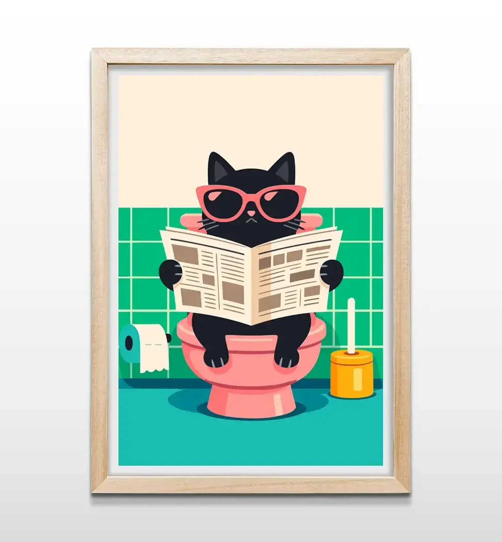 Cuadro de gato estilo Crónicas Felinas con marco de madera natural, arte de pared para dormitorios y livings de amantes de los gatos