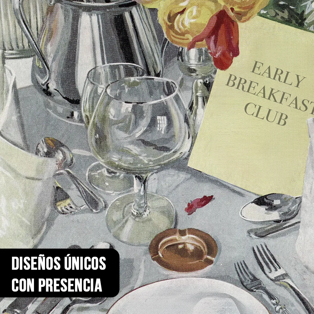 Primer plano de ilustración vintage de mesa servida con vajilla de plata, copas y tarjeta Early Breakfast Club