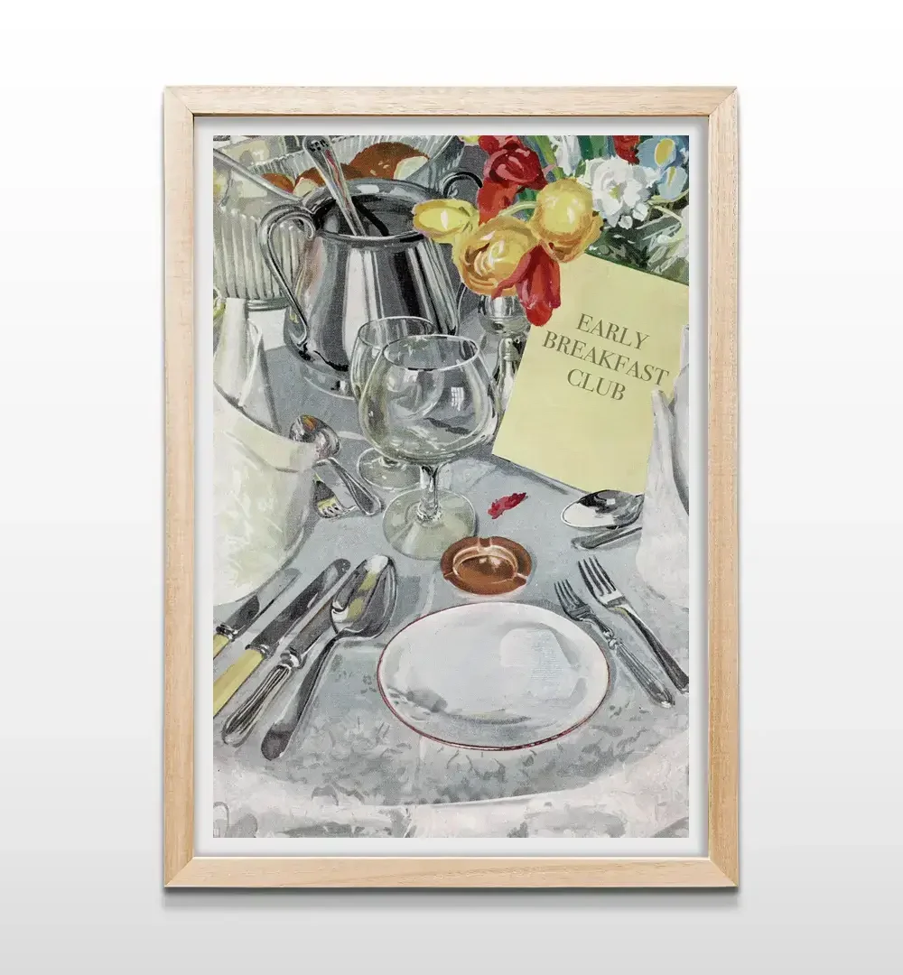 Cuadro de desayuno minimalista con marco de madera natural, arte de pared para cocina, comedor o rincón de café