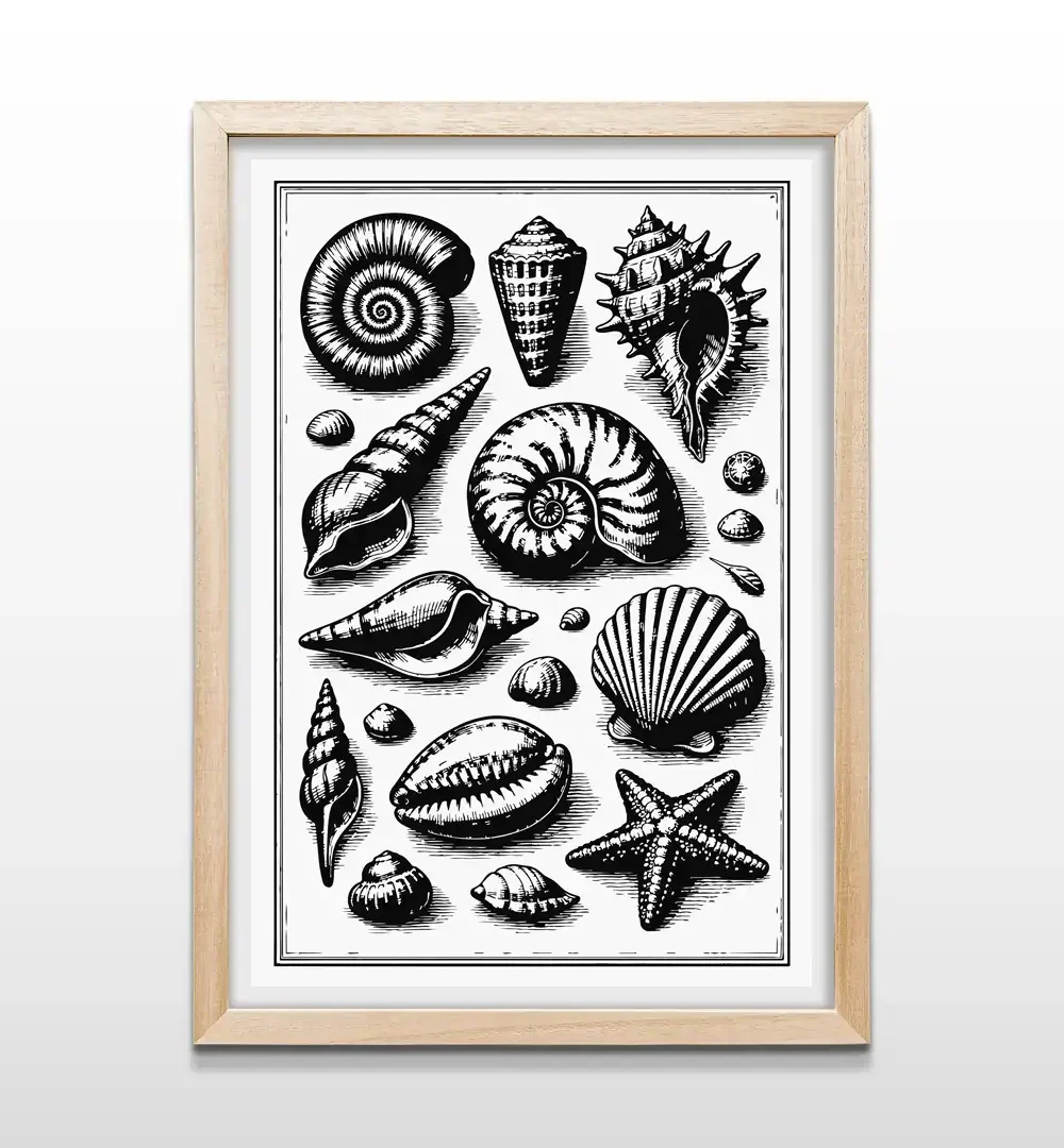 Cuadro de caracoles y fauna marina con marco de madera natural, decoración de pared estilo náutico y zen para dormitorios y salas de estar