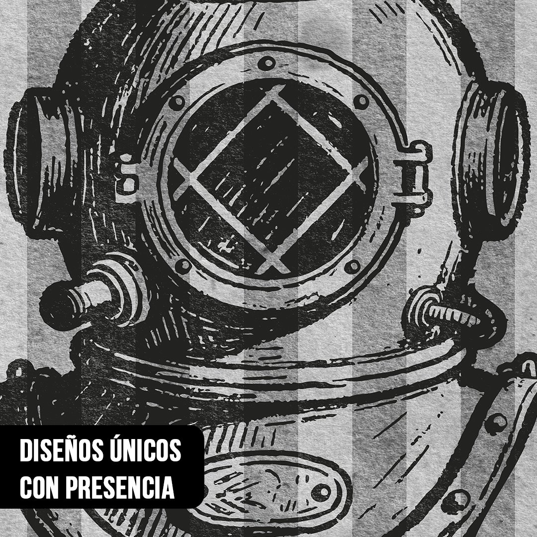 Primer plano de una ilustración vintage en tinta negra de un casco de escafandra antiguo sobre un fondo de rayas verticales grises y blancas con textura rústica