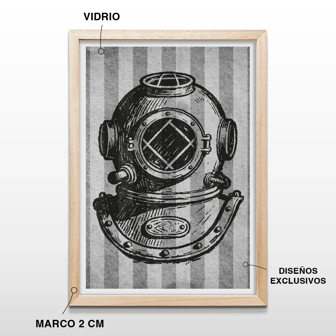 Cuadro decorativo de escafandra de buzo antiguo estilo vintage con marco de madera de 2 cm, vidrio protector y lámina de arte náutico detallada