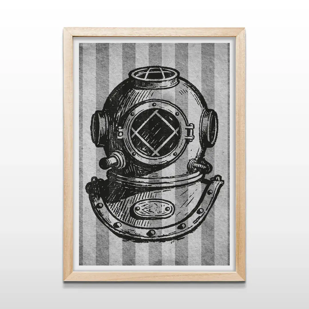 Cuadro de escafandra antigua con marco de madera natural, decoración de pared temática de exploración marina para estudios y bibliotecas