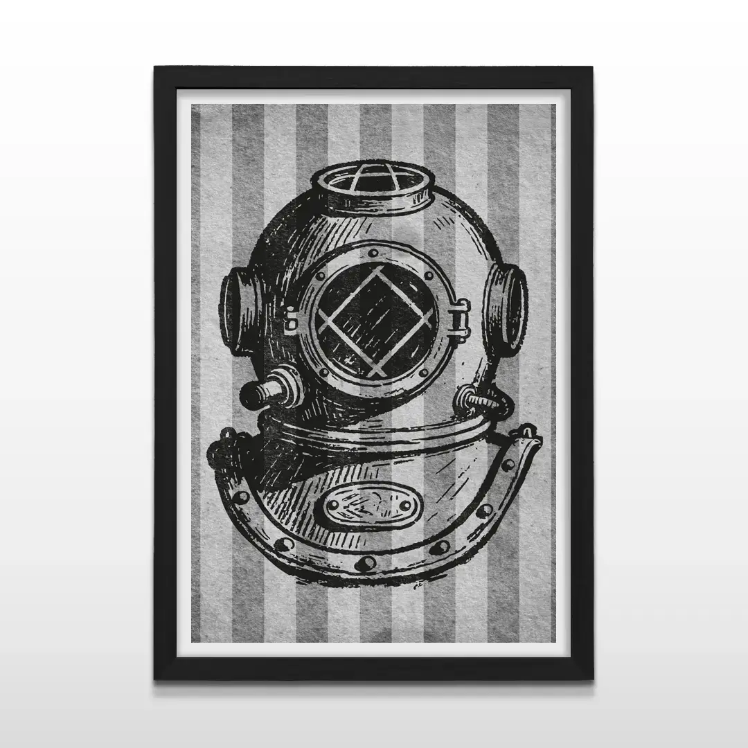 Cuadro moderno de casco de buzo vintage con marco negro, arte de pared sofisticado y regalo original para entusiastas del buceo y la historia