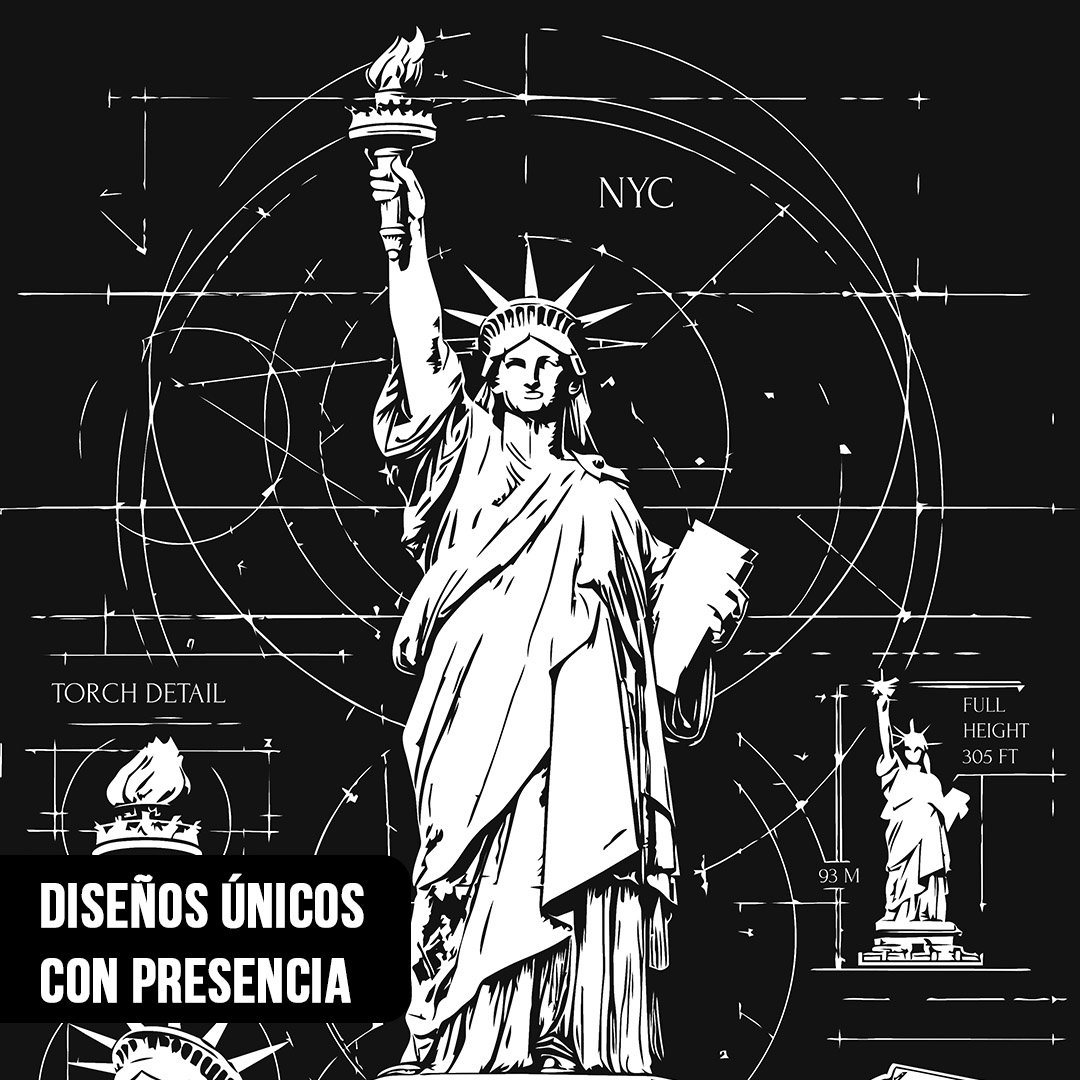 Primer plano de un plano técnico estilo blueprint blanco sobre fondo negro de la Estatua de la Libertad con anotaciones de texto como NYC y TORCH DETAIL