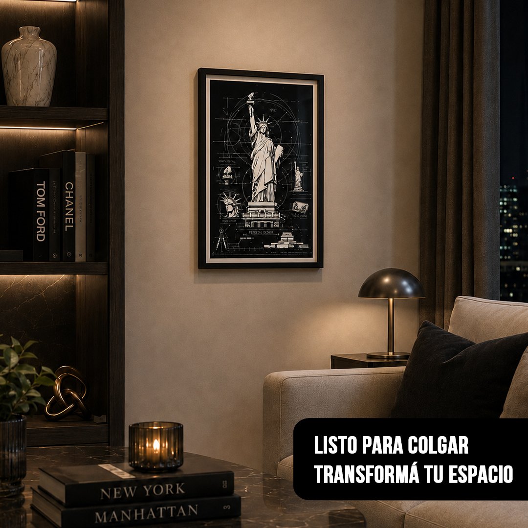 Cuadro vertical enmarcado de un blueprint negro de la Estatua de la Libertad colgado en un living elegante de noche junto a libros de Nueva York y Manhattan