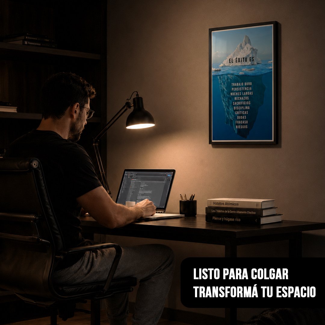 Cuadro vertical de un iceberg con frases de éxito en marco negro, colgado en una oficina moderna junto a un hombre trabajando en su laptop bajo una lámpara de escritorio