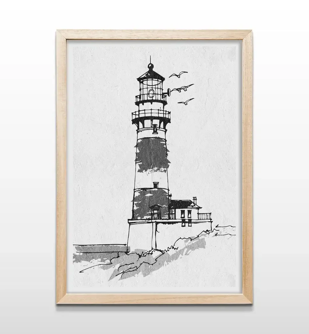 Cuadro de faro con marco de madera natural, decoración de pared estilo costero y zen para dormitorios o salas de estar luminosas