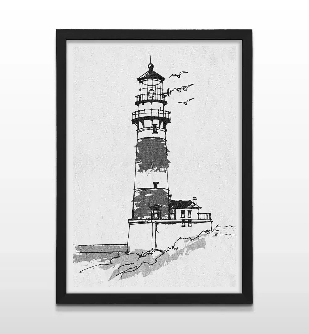 Cuadro moderno de faro minimalista con marco negro, arte de pared náutico elegante y regalo original para amantes del mar