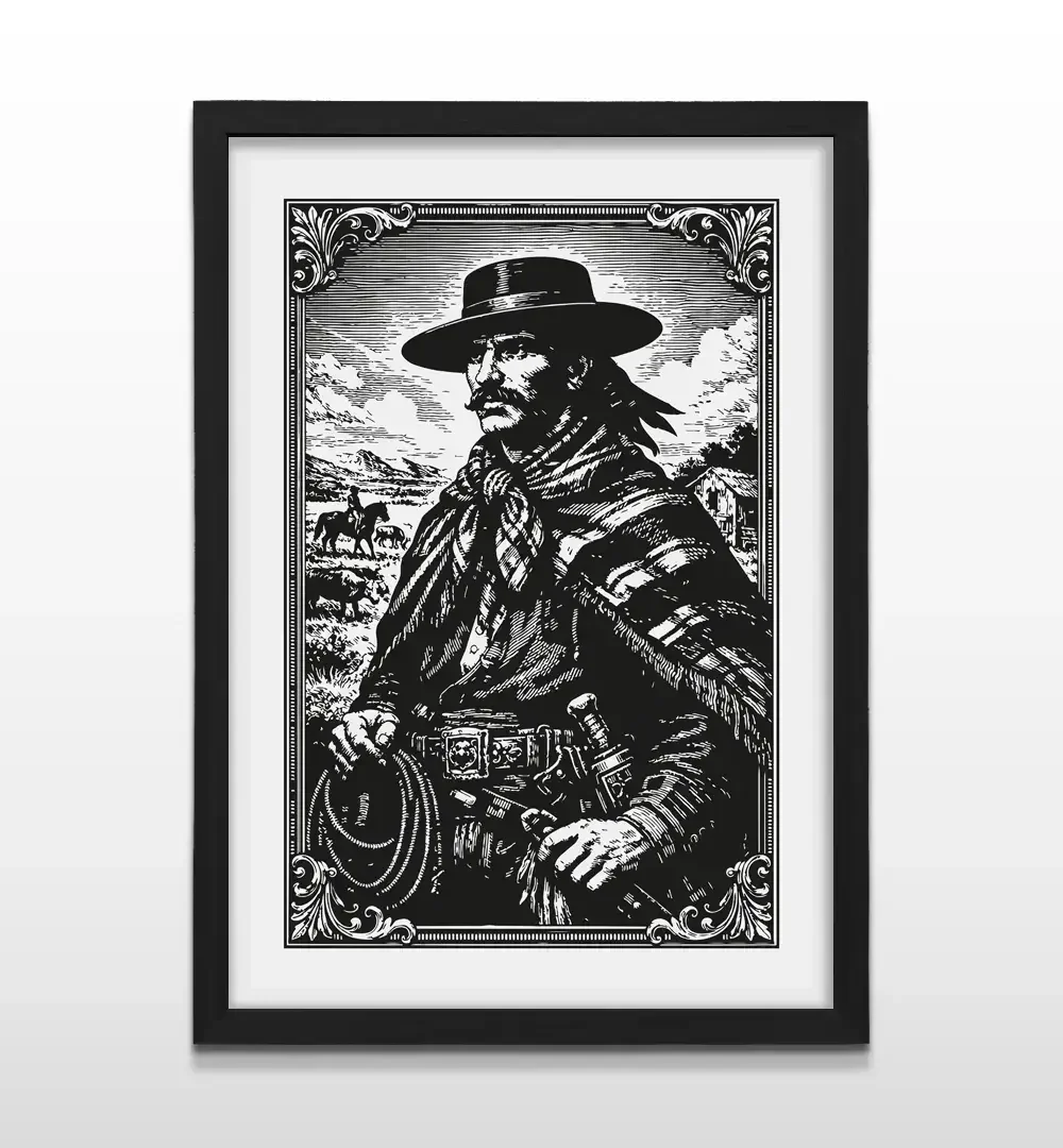 Cuadro moderno de figura gauchesca con marco negro, arte de pared de identidad argentina y regalo empresarial tradicional