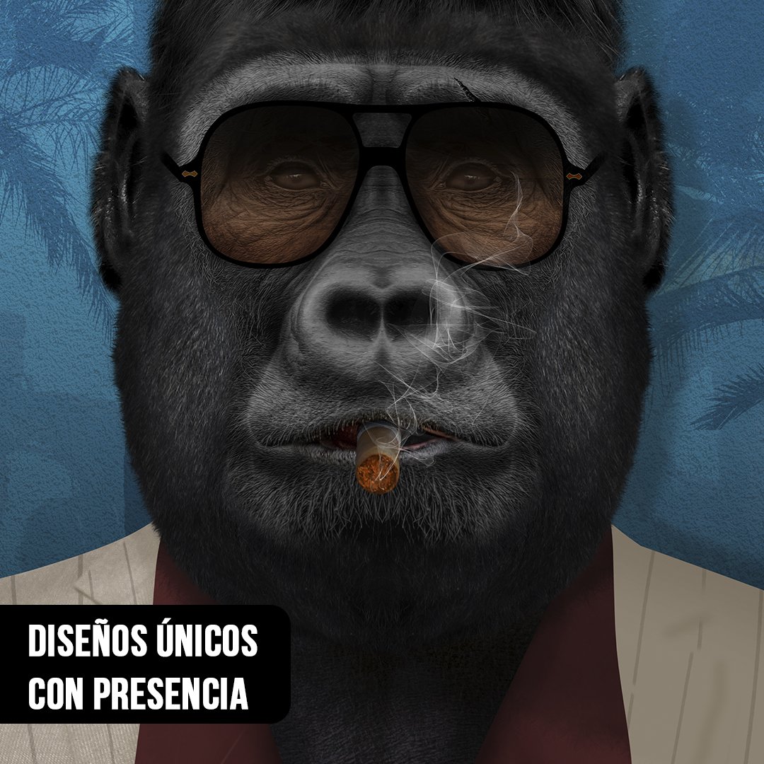 Primer plano de ilustración de gorila con gafas de sol aviador, puro encendido y traje sobre fondo azul con palmeras