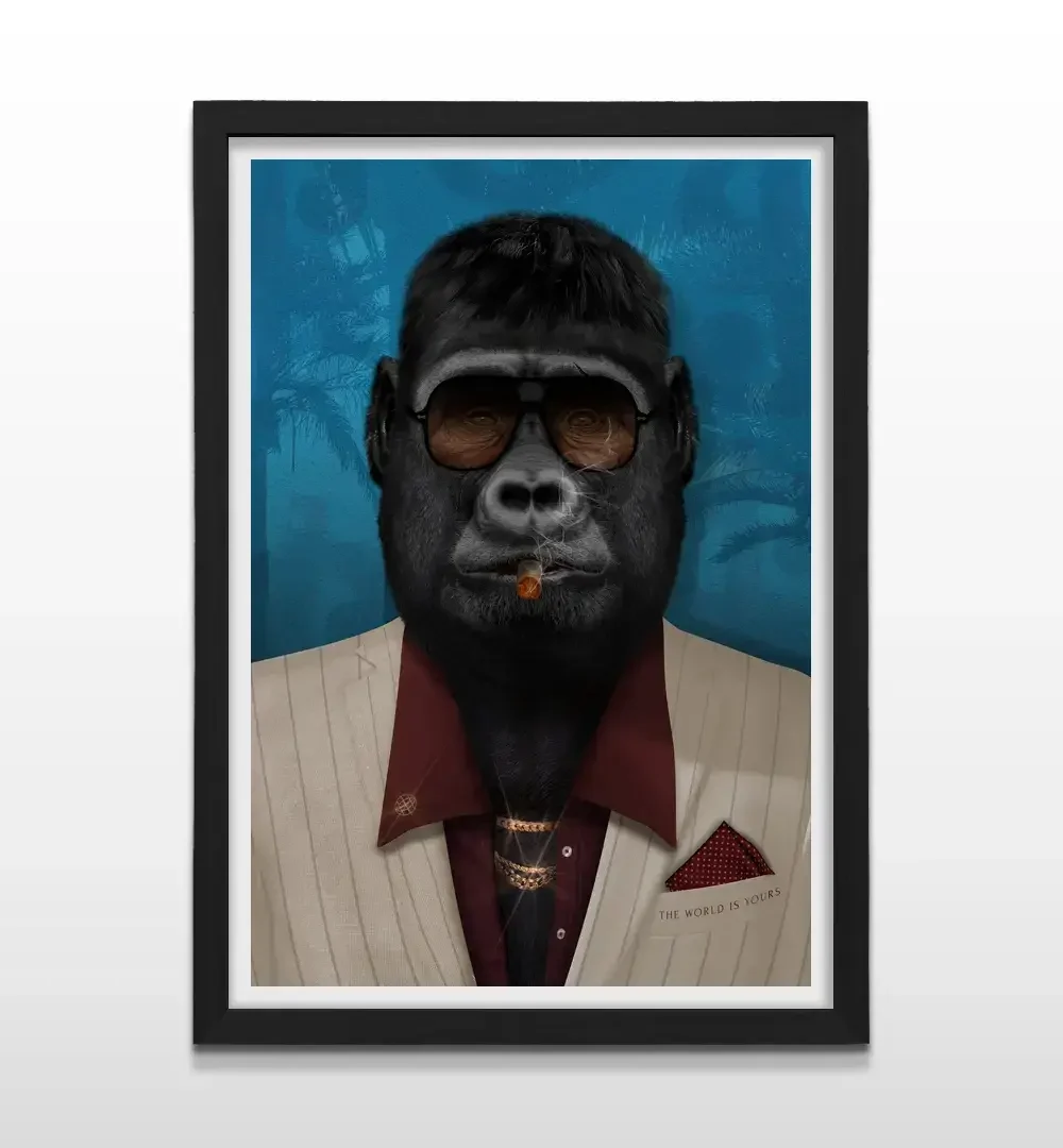 Cuadro moderno de gorila con traje y marco negro, decoración de pared impactante y regalo original para jefes y emprendedores