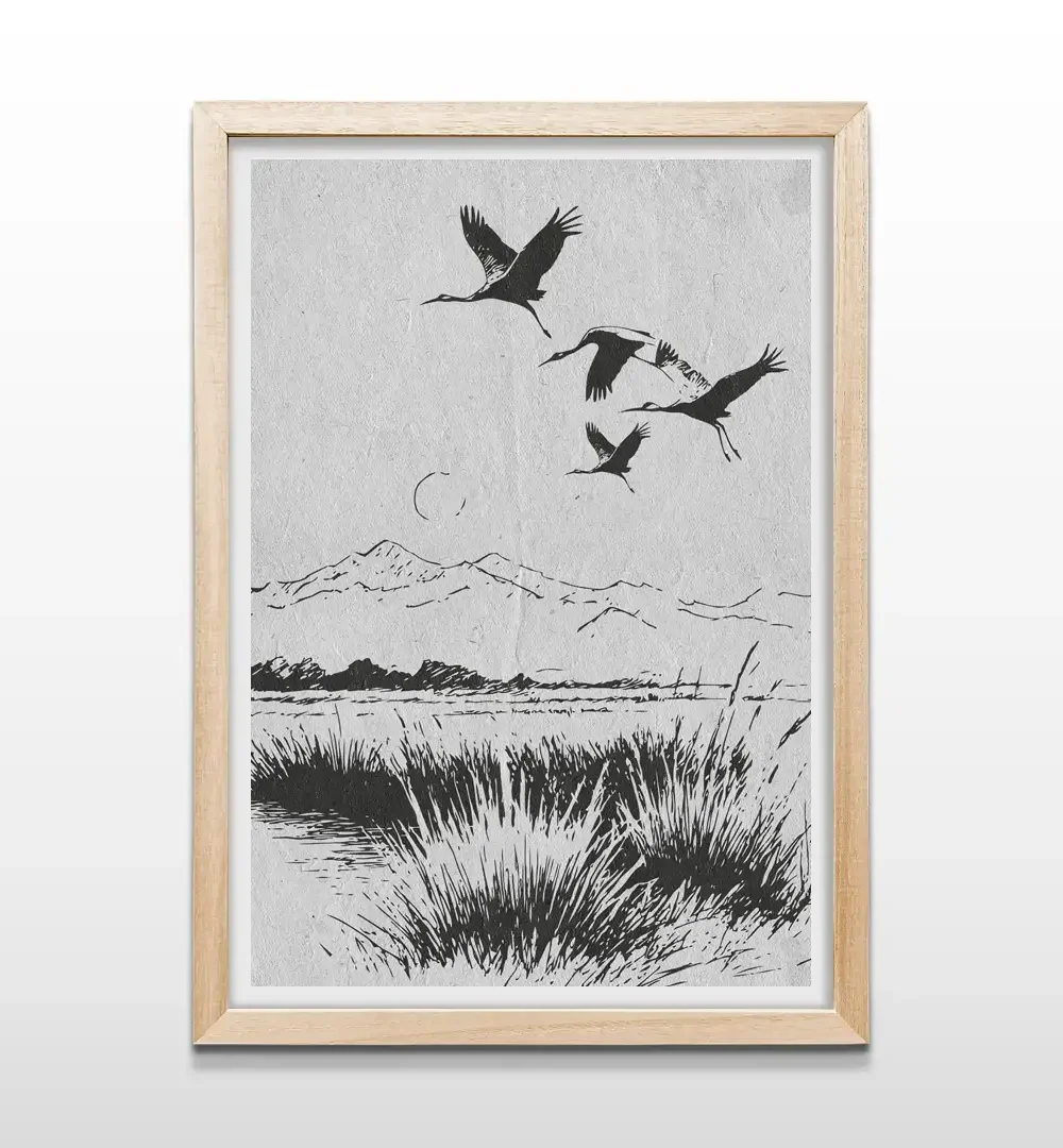 Cuadro de grullas minimalistas con marco de madera natural, decoración de pared estilo Japandi y arte zen para dormitorios y salas de meditación