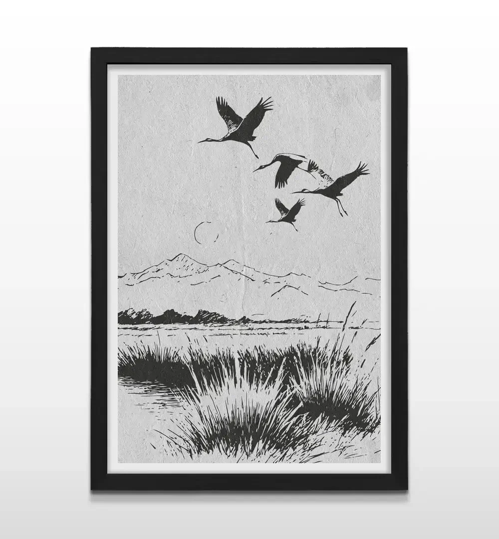 Cuadro moderno de paisaje de grullas con marco negro, arte de pared contemporáneo y regalo ideal para amantes de la cultura oriental