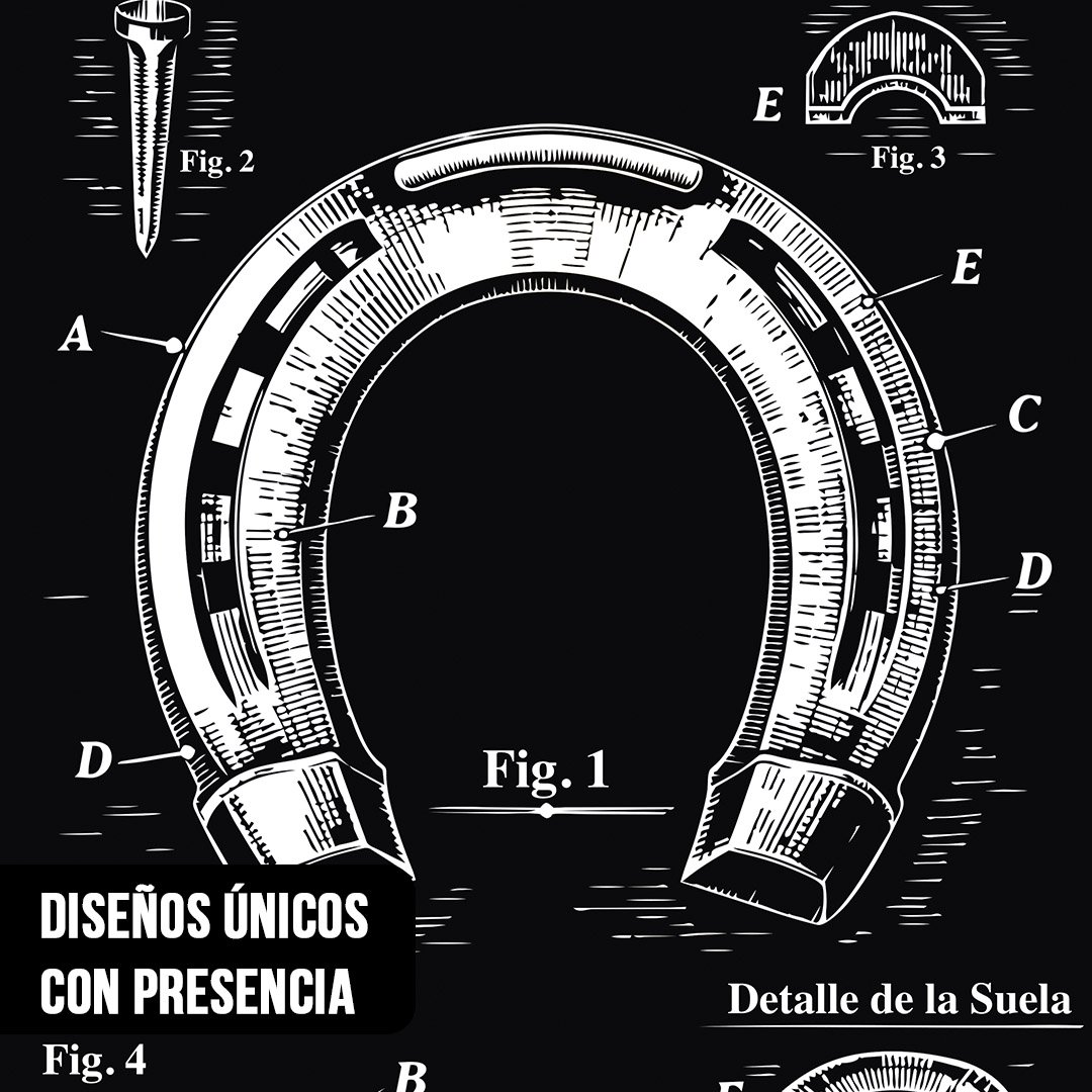 Primer plano de plano técnico estilo patente de herradura de caballo con cotas en blanco sobre negro