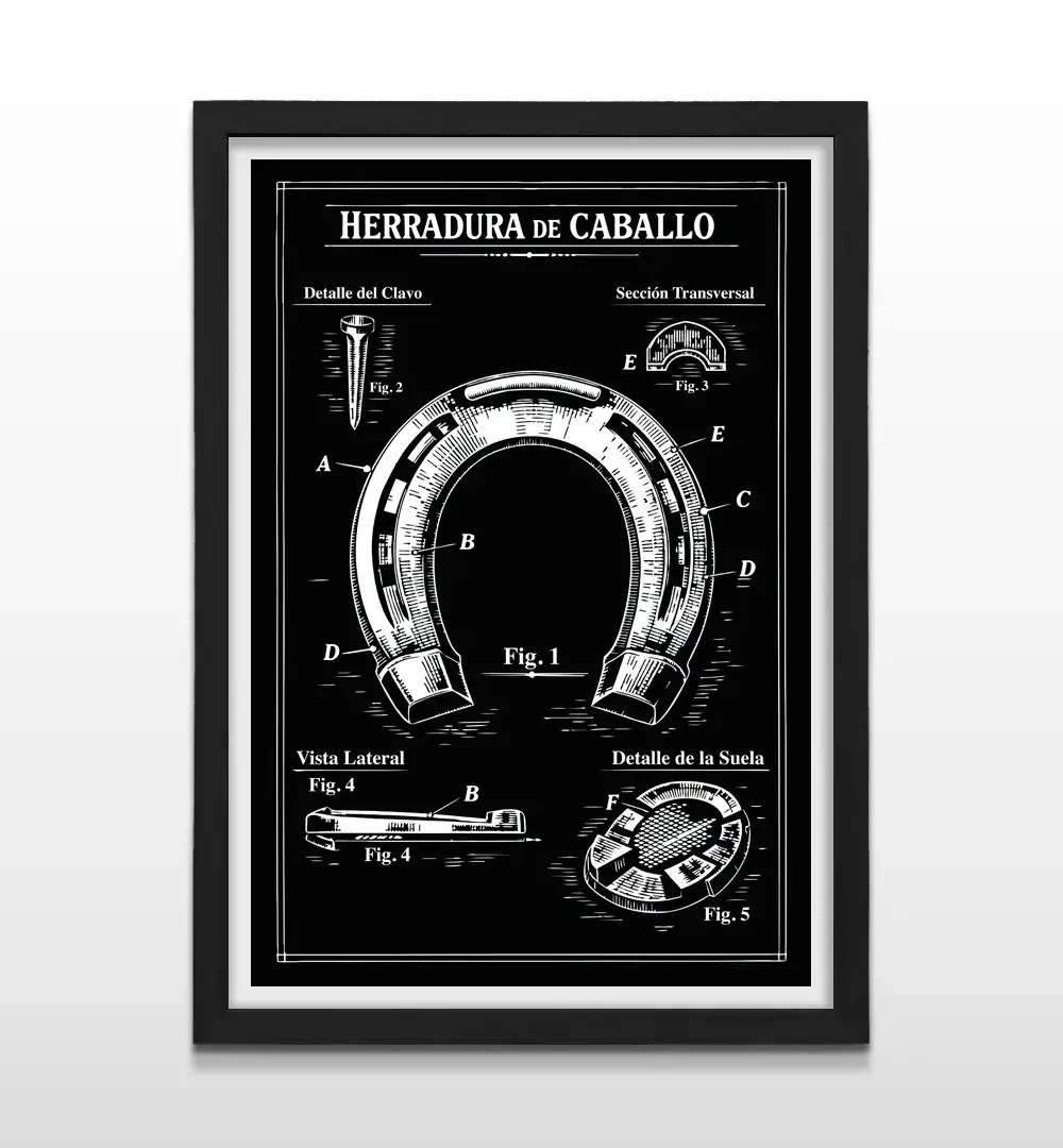 Cuadro moderno de patente de herradura con marco negro, regalo ideal para amantes de la equitación y el mundo ecuestre