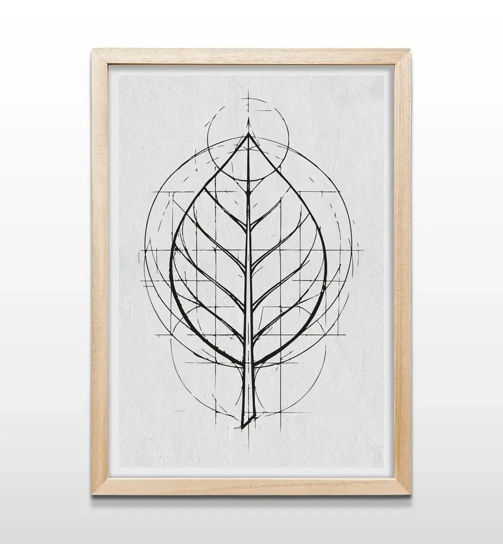 Cuadro de hoja minimalista con marco de madera natural, decoración de pared estilo nórdico y botánico para ambientes relajados