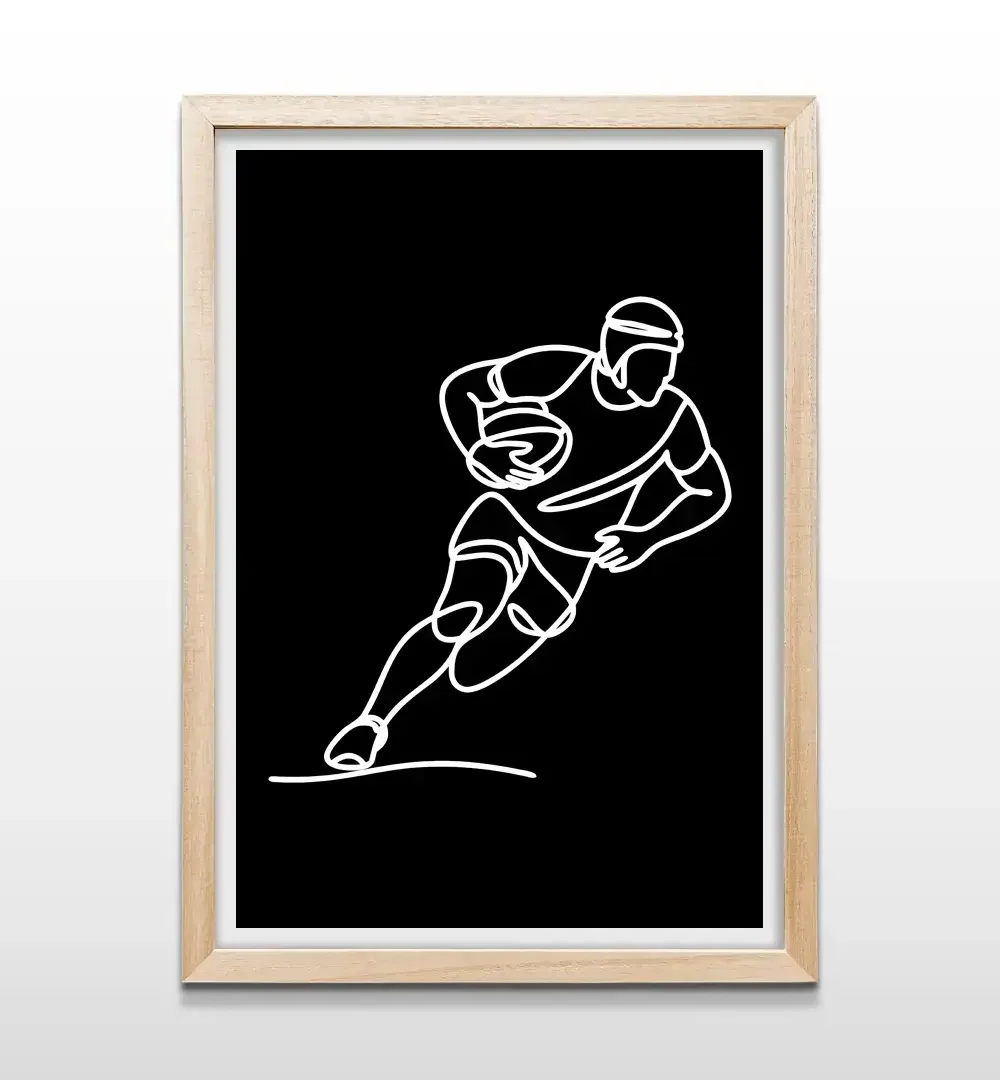 Cuadro de rugby minimalista con marco de madera natural, arte de pared deportivo para decoración de quinchos o clubes