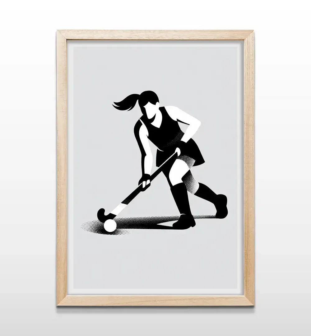 Cuadro de hockey minimalista con marco de madera natural, arte de pared deportivo para habitación de niñas o adolescentes