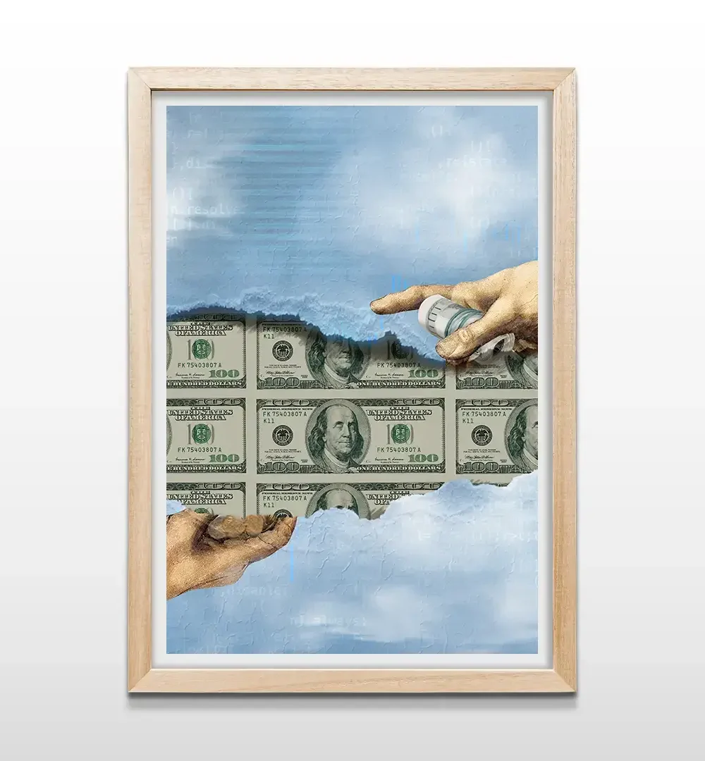 Cuadro de arte moderno con temática de dinero y éxito, marco de madera natural para decoración de oficinas