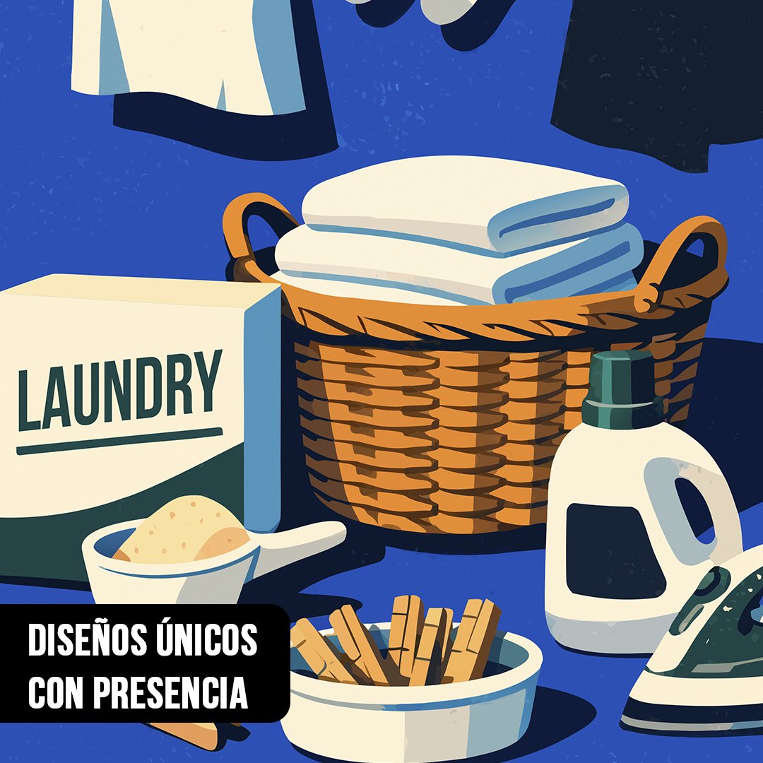 Ilustración en primer plano de elementos de lavandería con canasto de mimbre, toallas blancas, caja con la palabra LAUNDRY, botella de jabón líquido y broches sobre fondo azul