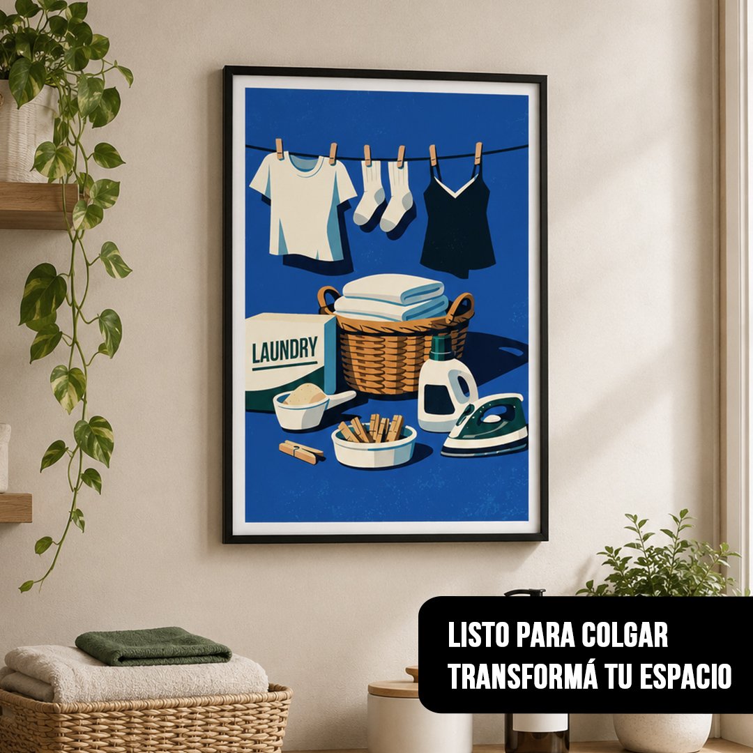 Cuadro decorativo de lavadero con ilustración de ropa colgada, canasto y artículos de limpieza sobre fondo azul con marco negro, colgado en pared beige