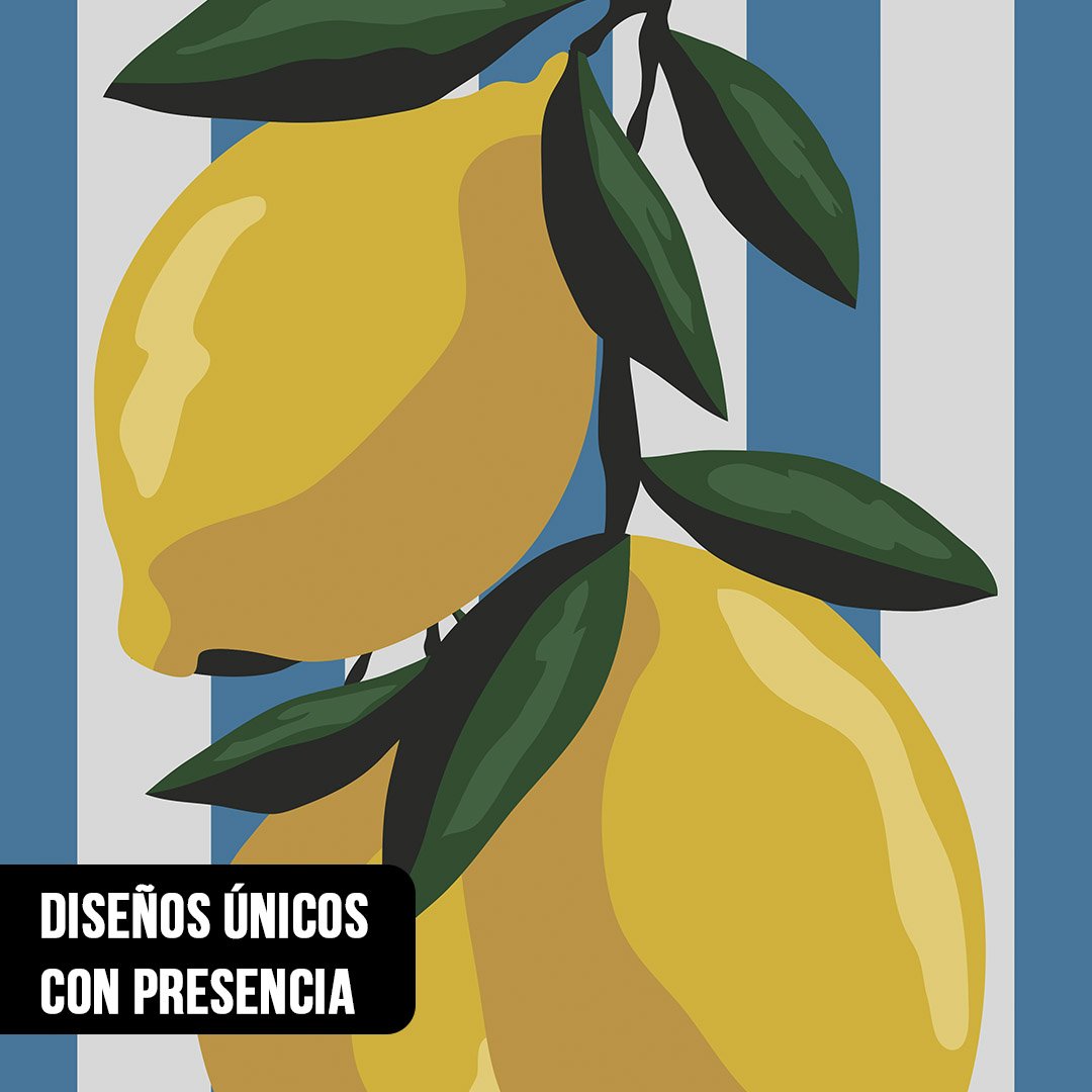 Primer plano de una ilustración de limones amarillos con hojas verdes sobre un fondo de franjas verticales celestes y blancas