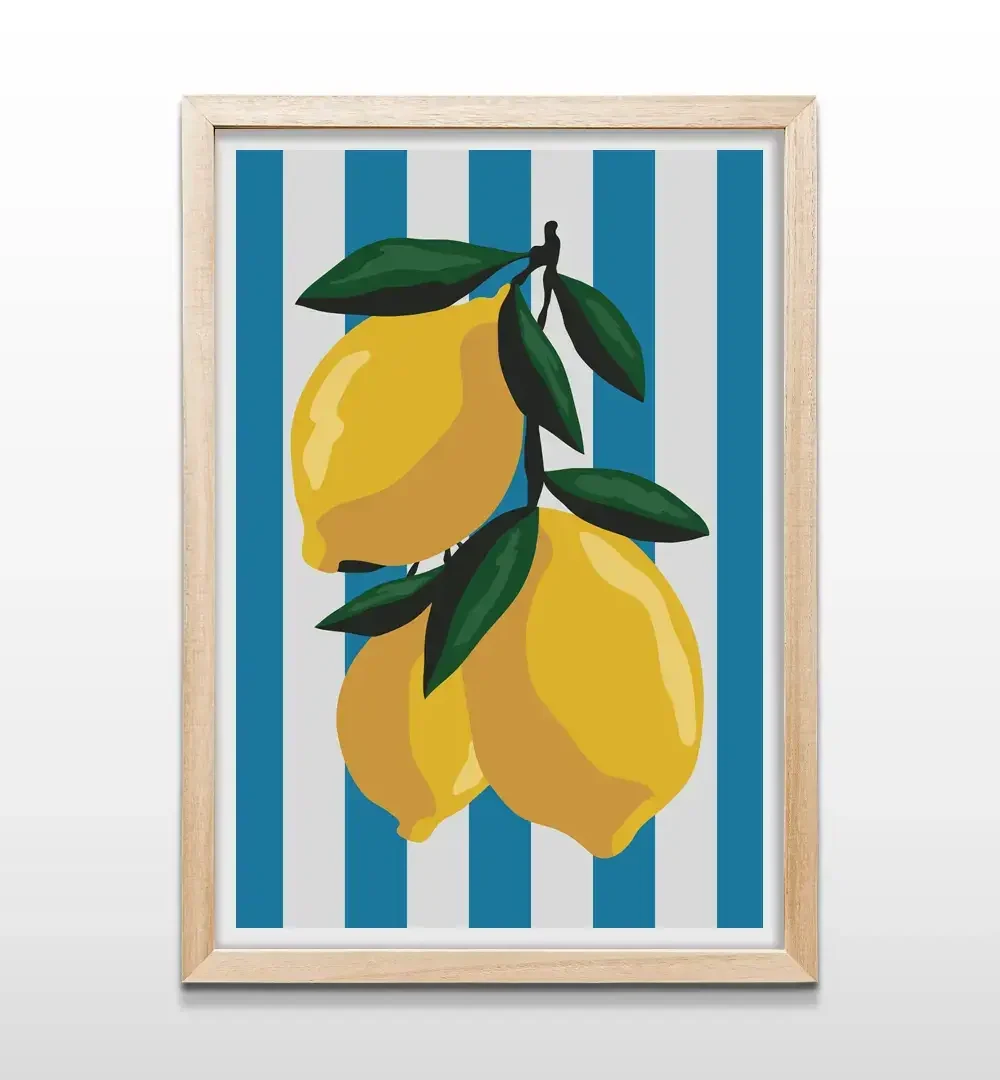 Cuadro de limones con marco de madera natural, decoración de pared estilo mediterráneo para comedores y espacios luminosos.