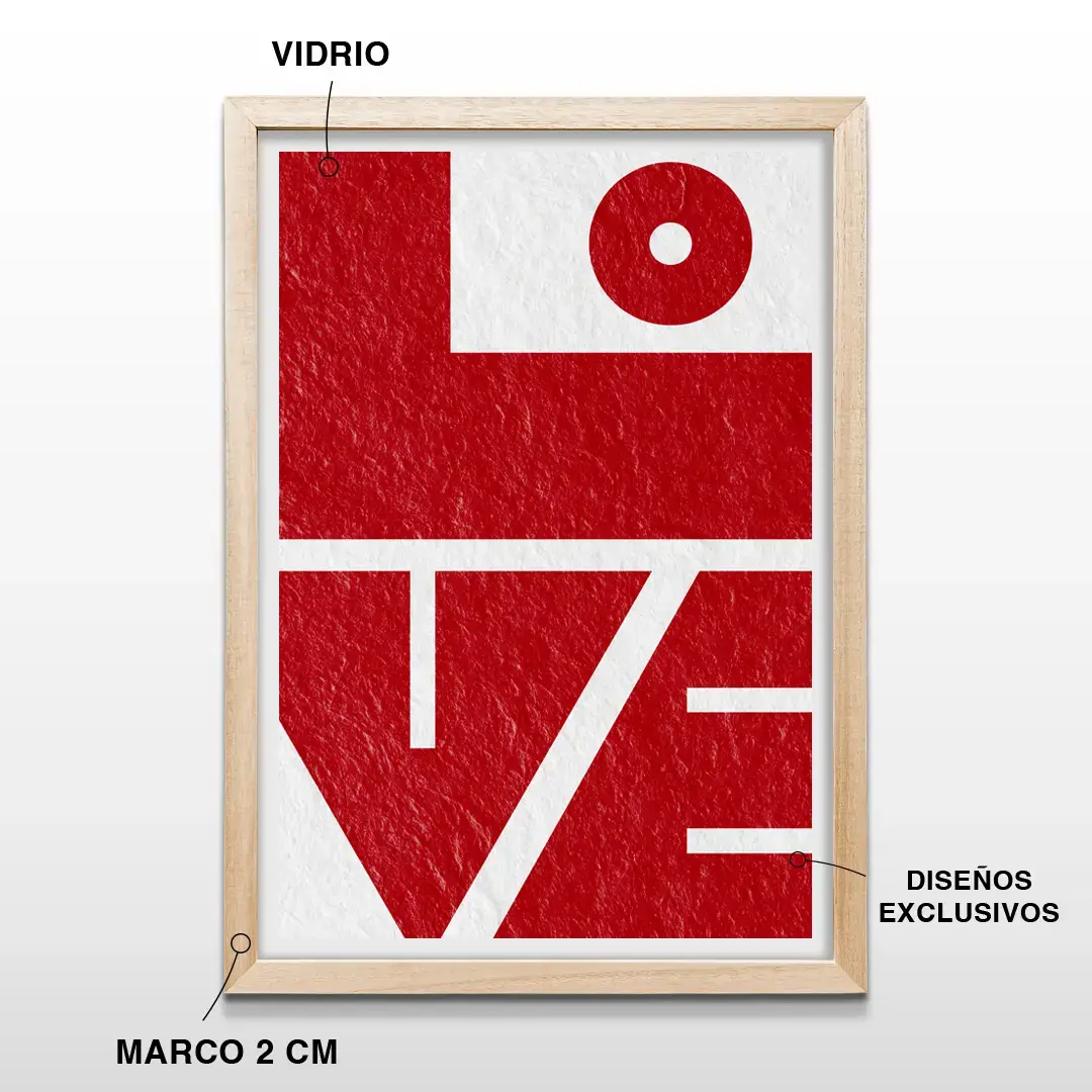 Cuadro decorativo con la palabra LOVE en diseño tipográfico, marco de madera de 2 cm, vidrio protector y lámina de alta calidad
