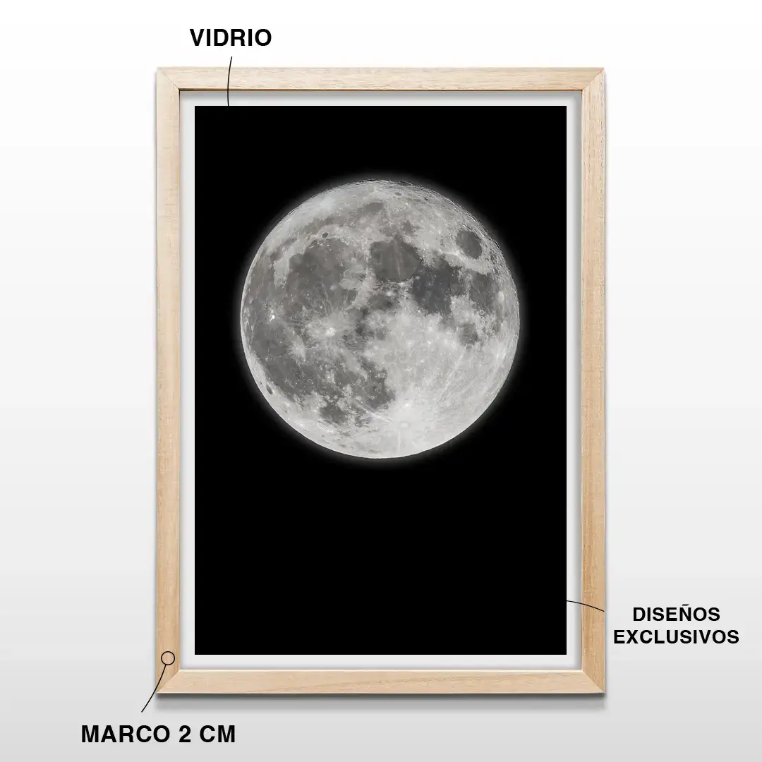 Cuadro decorativo de luna llena detallada con marco de madera de 2 cm, vidrio protector y lámina artística de alta resolución con texturas lunares