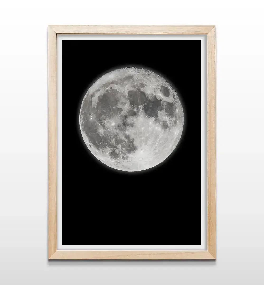 Cuadro de luna llena con marco de madera natural, decoración de pared estilo nórdico y zen para dormitorios y espacios de relajación
