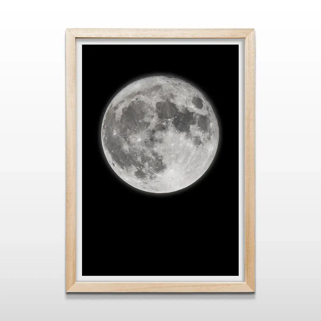 Cuadro de luna llena con marco de madera natural, decoración de pared estilo nórdico y zen para dormitorios y espacios de relajación