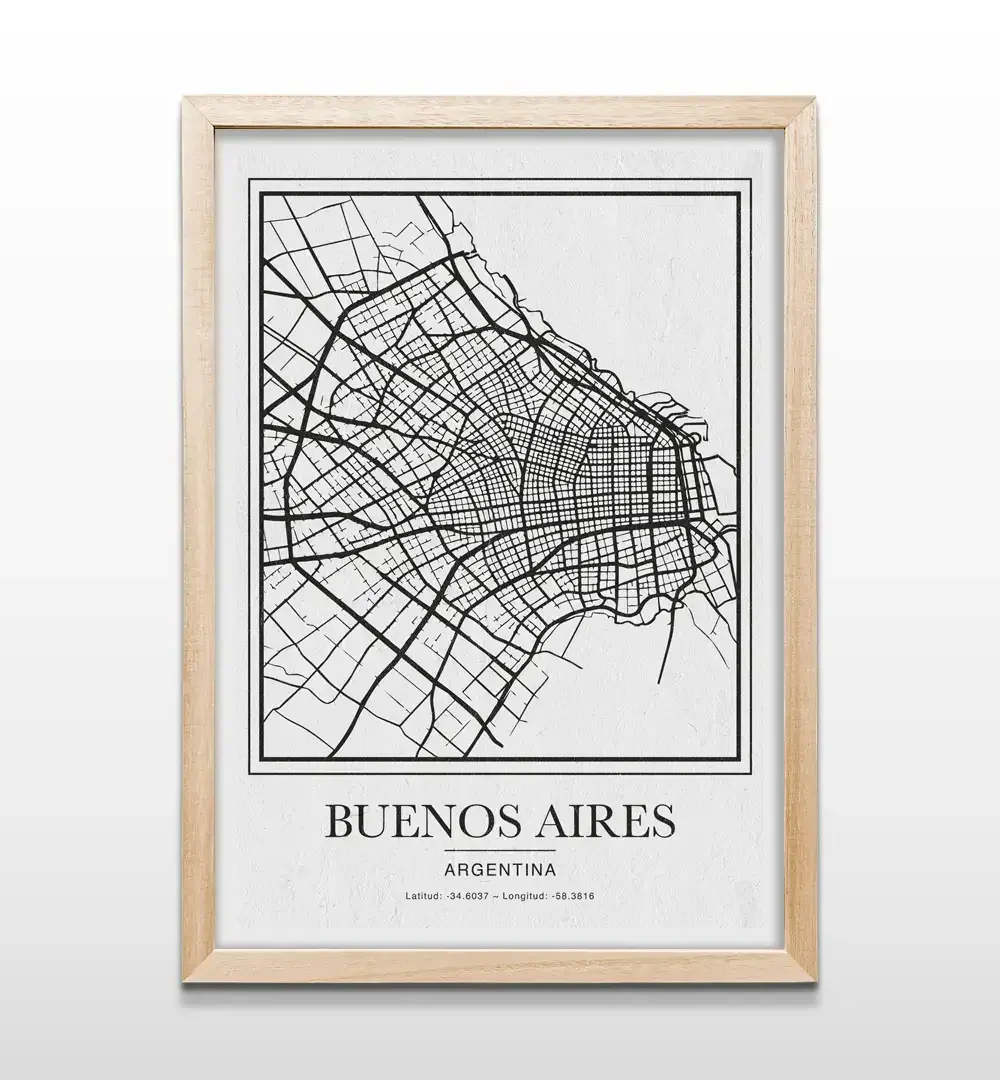 Cuadro de mapa de Buenos Aires con marco de madera natural, decoración de pared moderna para livings y oficinas con estilo nórdico