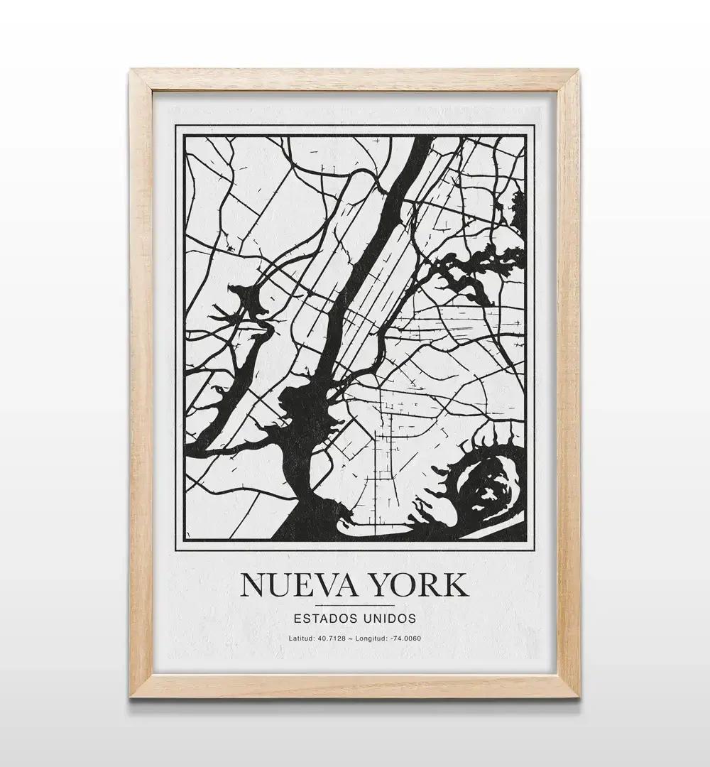 Cuadro de mapa de Nueva York con marco de madera natural, decoración de pared moderna para oficinas, livings y departamentos estilo industrial