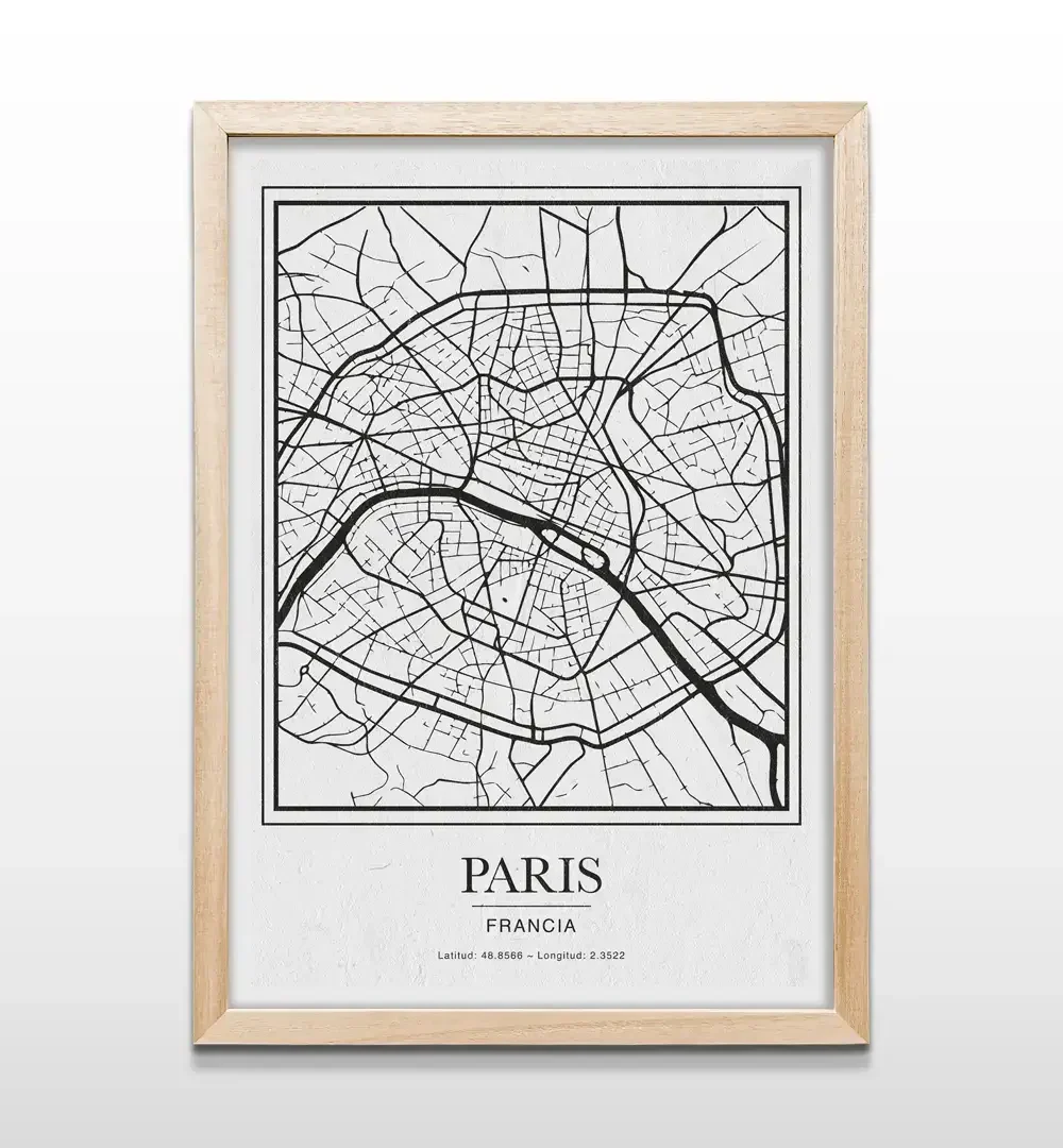 Cuadro de mapa de París con marco de madera natural, decoración de pared estilo bohemio chic y moderno para dormitorios y estudios