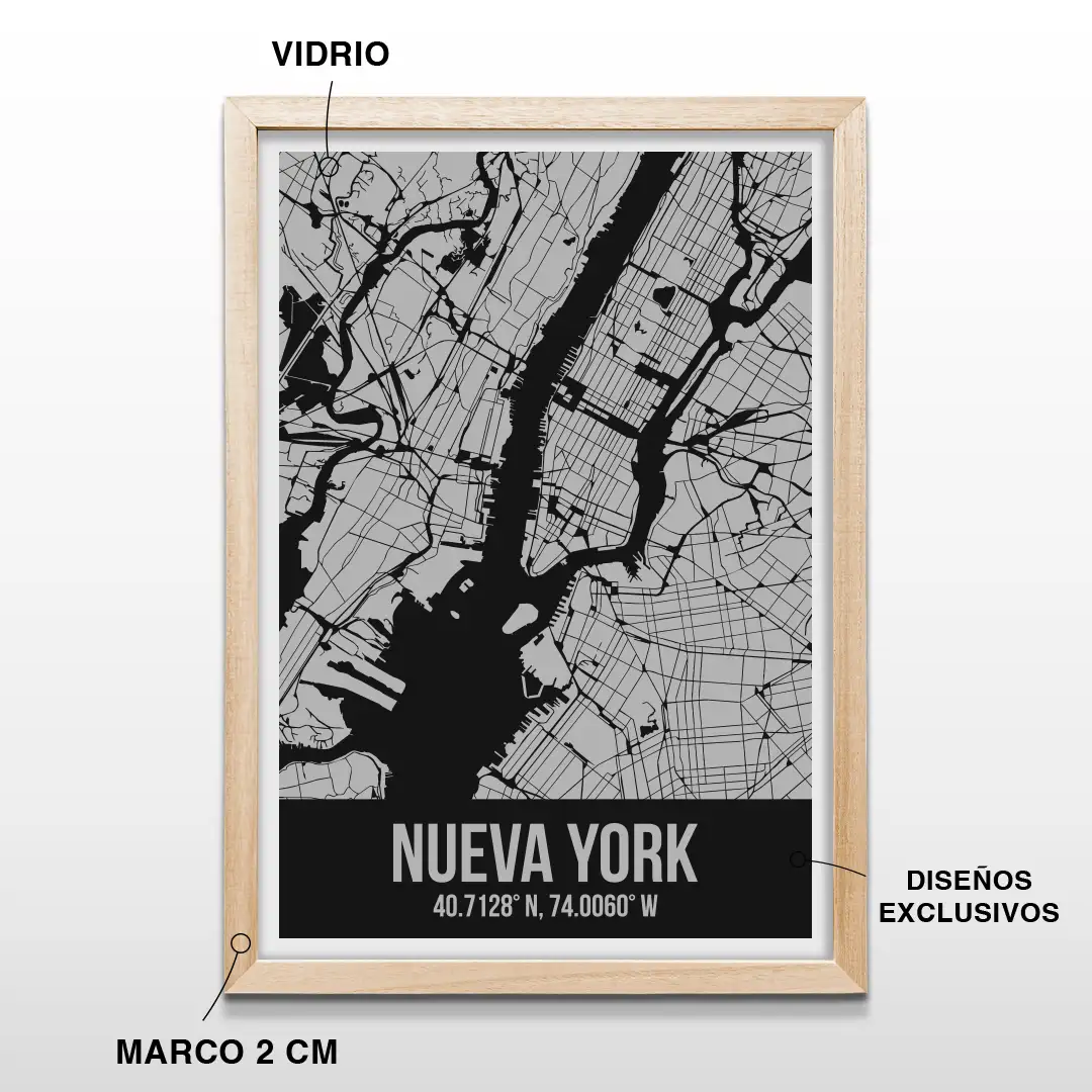 Cuadro decorativo con el plano de calles de Nueva York y sus coordenadas geográficas en letras blancas, incluye marco de madera de 2 cm, vidrio protector y lámina premium para el hogar
