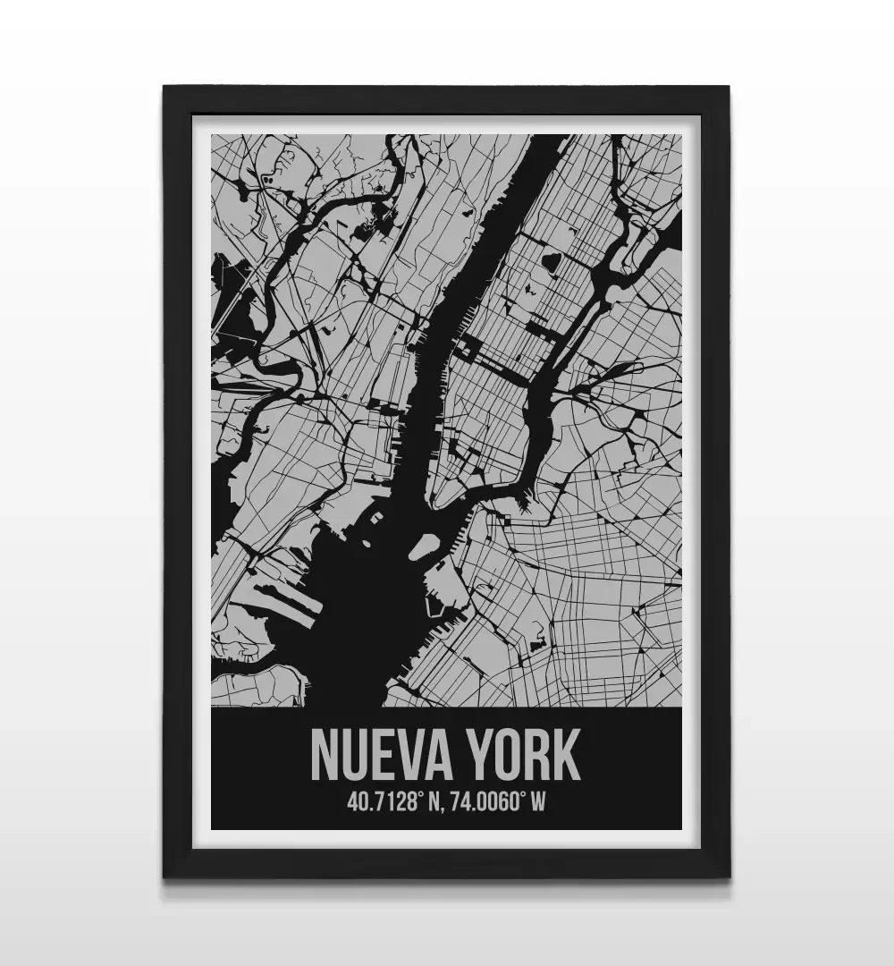 Cuadro moderno del plano urbano de Nueva York en color gris y negro con marco negro de madera, póster cartográfico de diseño minimalista para decoración de oficinas o salas de estar
