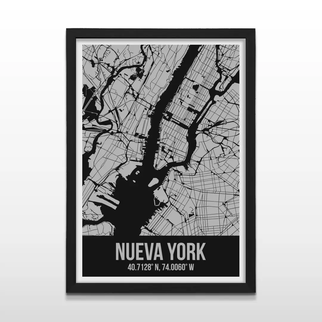 Cuadro moderno del plano urbano de Nueva York en color gris y negro con marco negro de madera, póster cartográfico de diseño minimalista para decoración de oficinas o salas de estar
