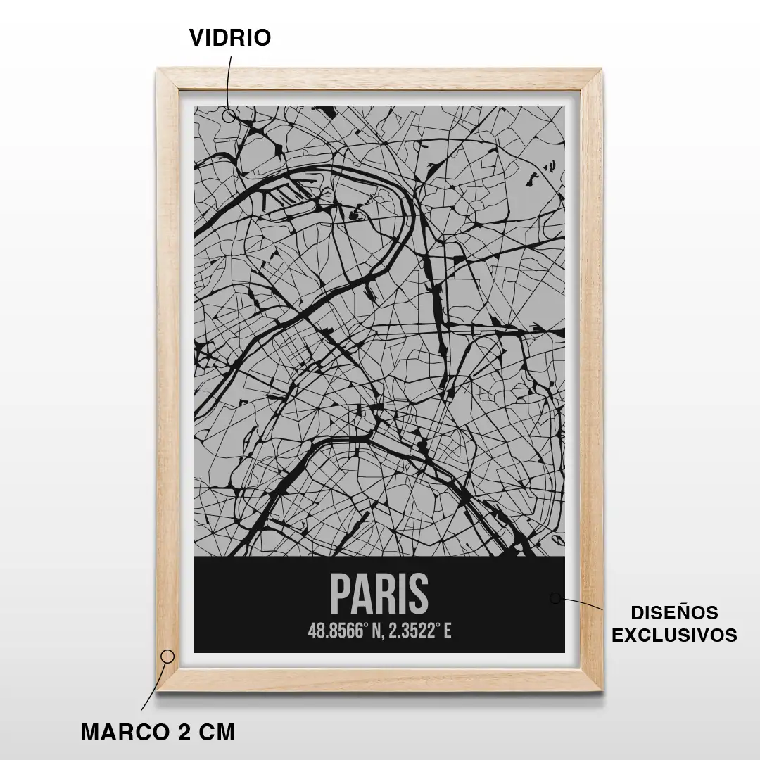 Cuadro decorativo con el plano de calles de París y sus coordenadas geográficas en letras blancas, incluye marco de madera de 2 cm, vidrio protector y lámina premium para el hogar